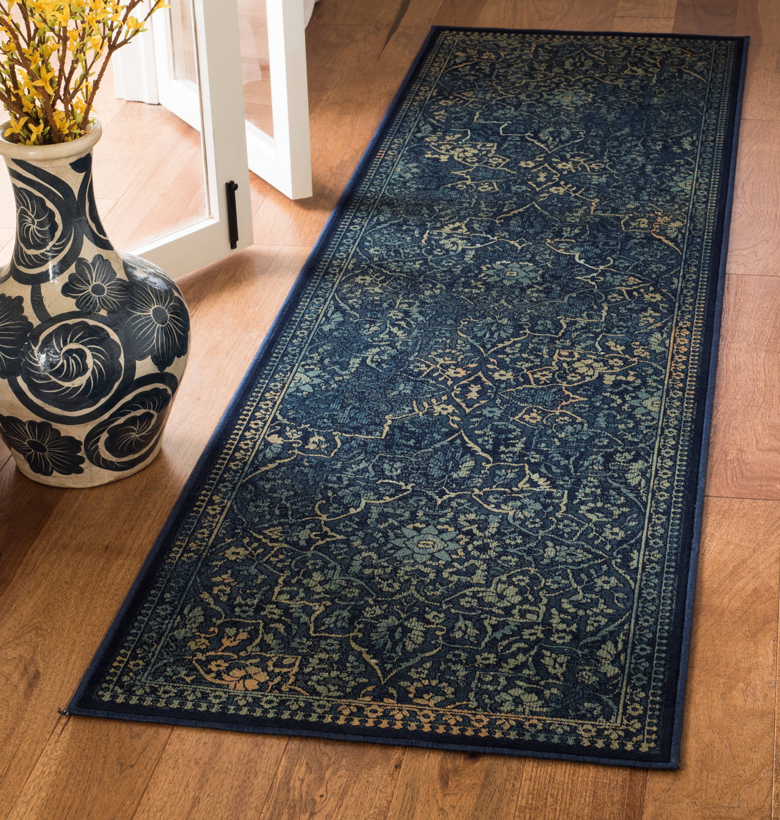 Vintage Blue and Yellow Viscose Runner Rug, 2'2" x 8'