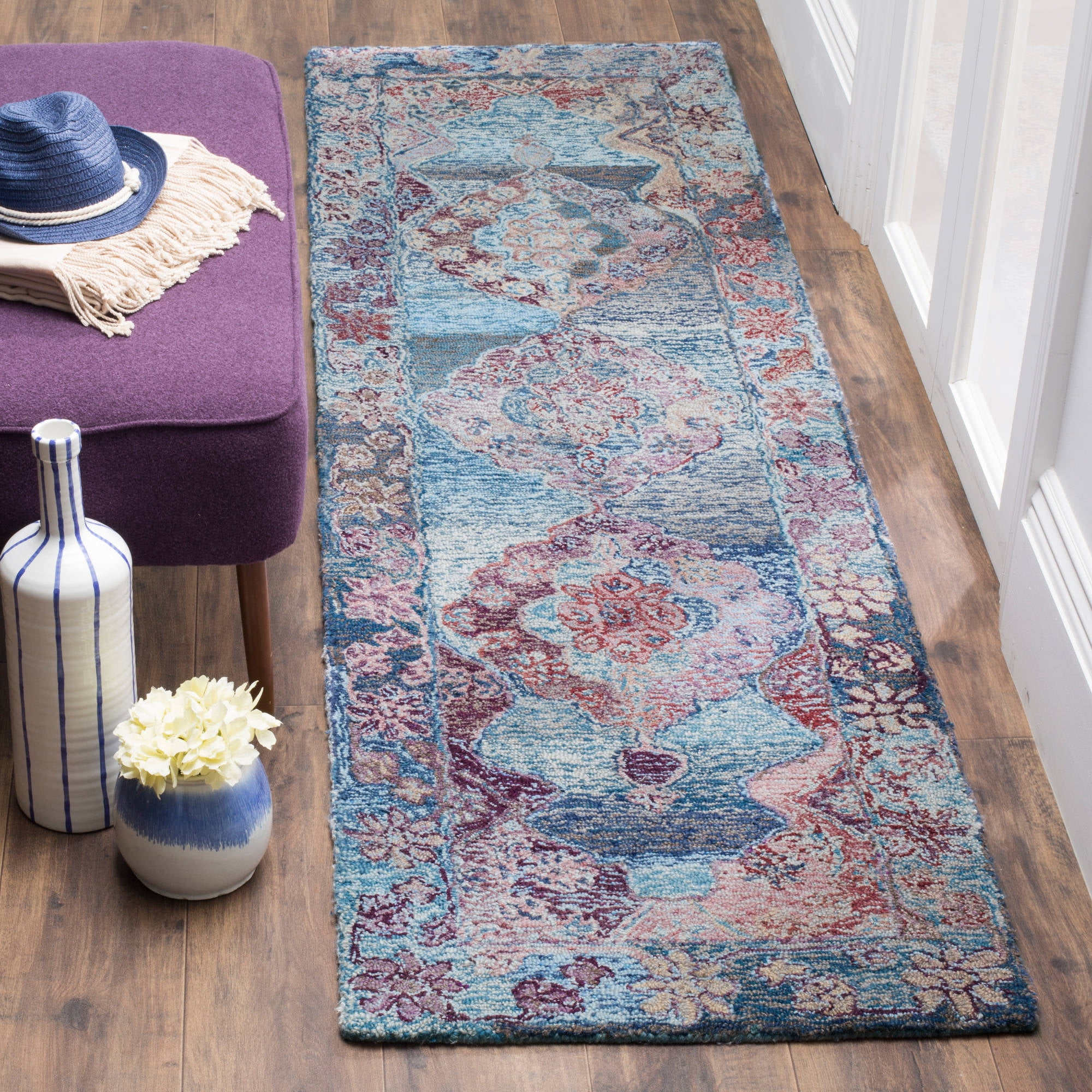 Vintage Blue Wool and Viscose Hand-Tufted Runner Rug