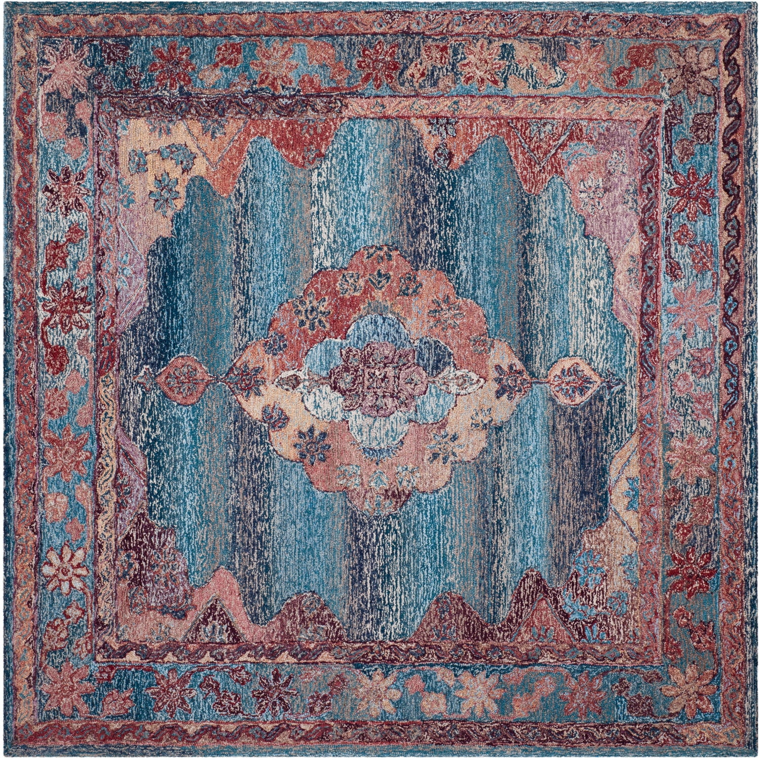 Vintage Blue and Red Handmade Tufted Square Area Rug