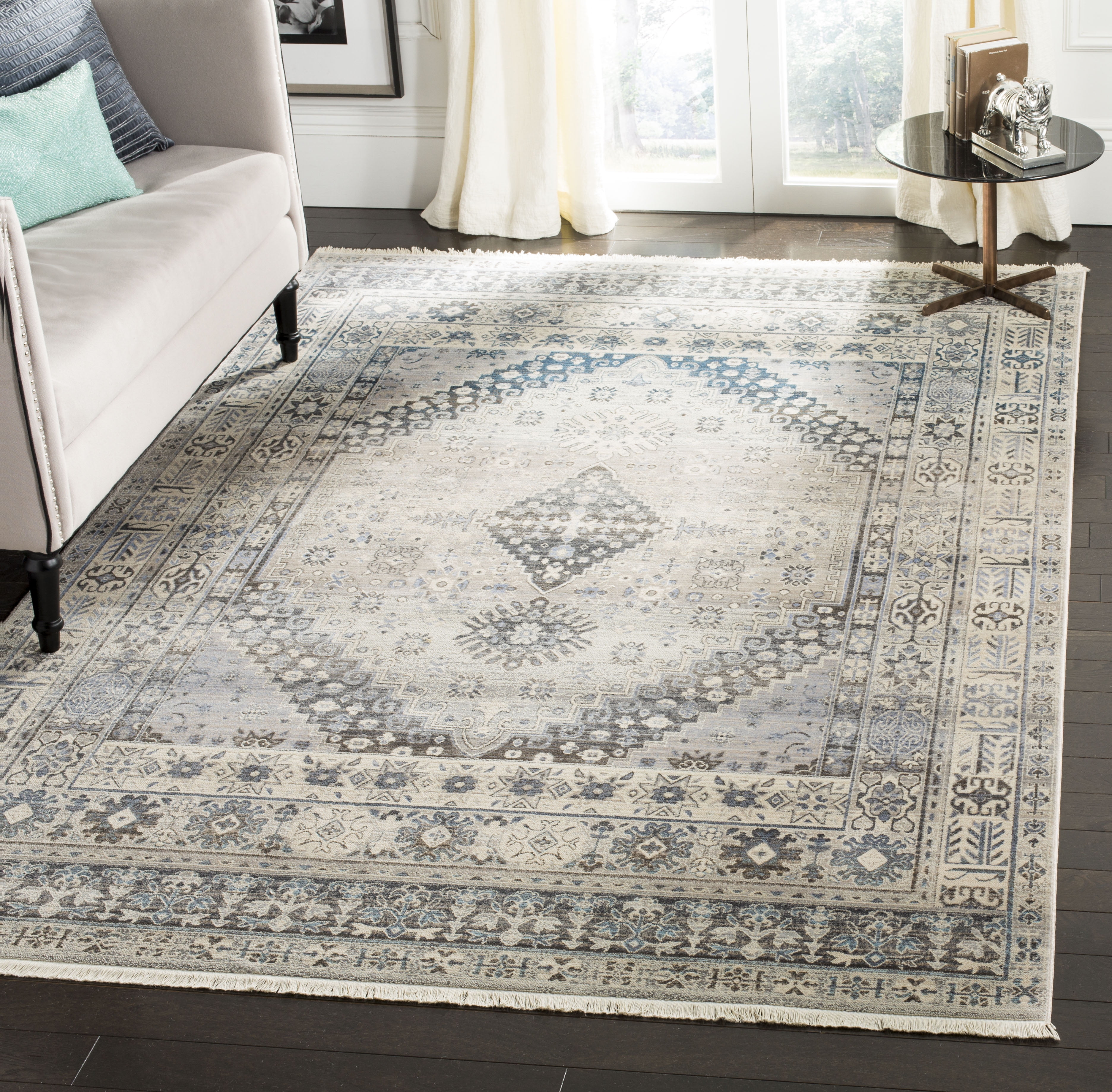 Gray and Blue Hand-Knotted Synthetic Persian Area Rug