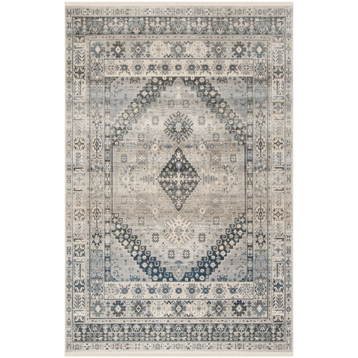 Vintage Gray and Blue Hand-knotted Synthetic Runner Rug