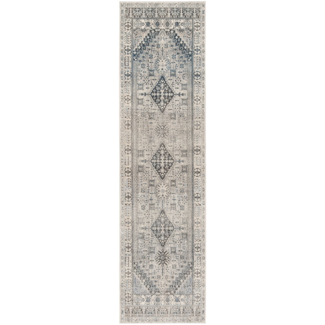 Vintage Gray and Blue Hand-knotted Synthetic Runner Rug