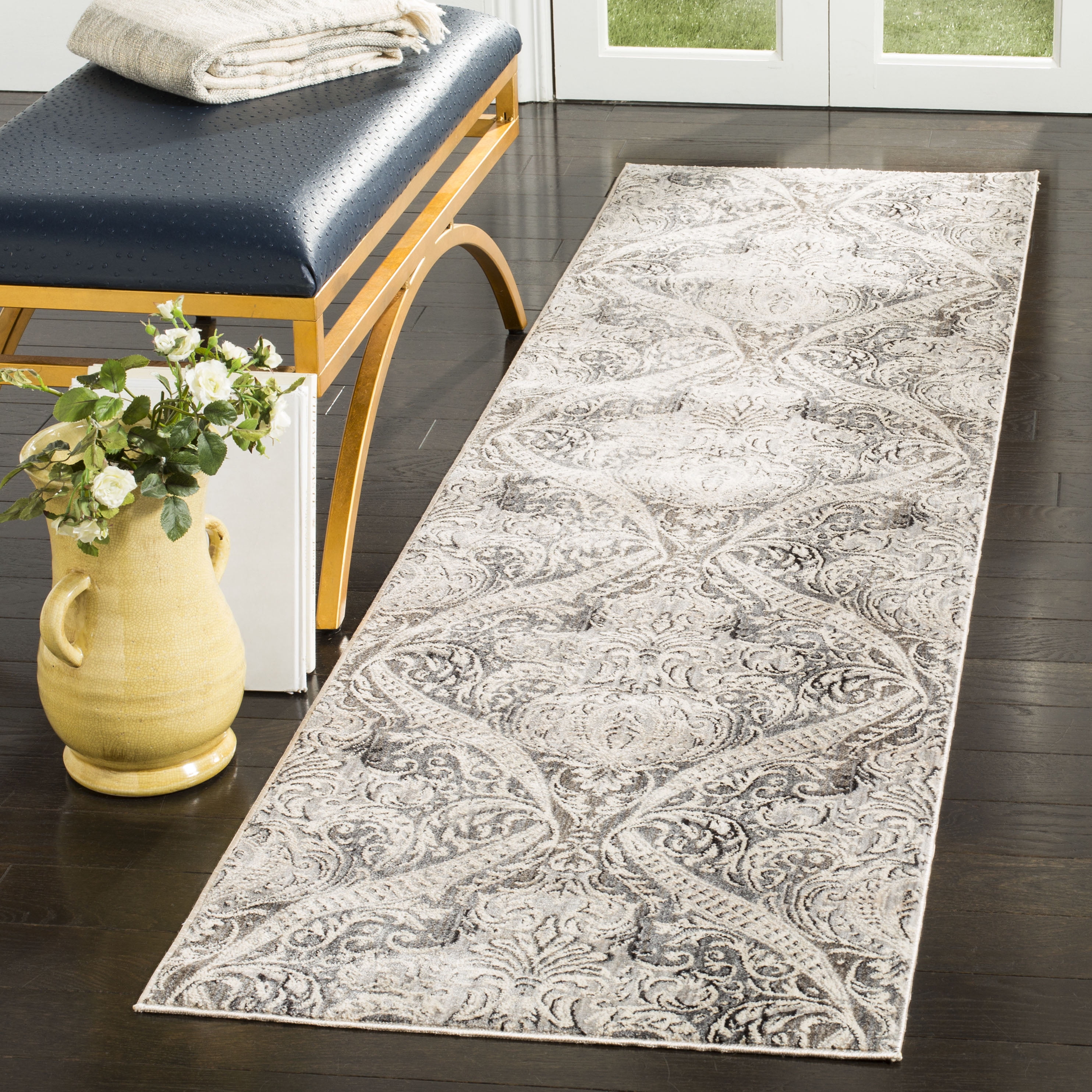 Vintage Persian Gray and Charcoal Polyester Runner Rug