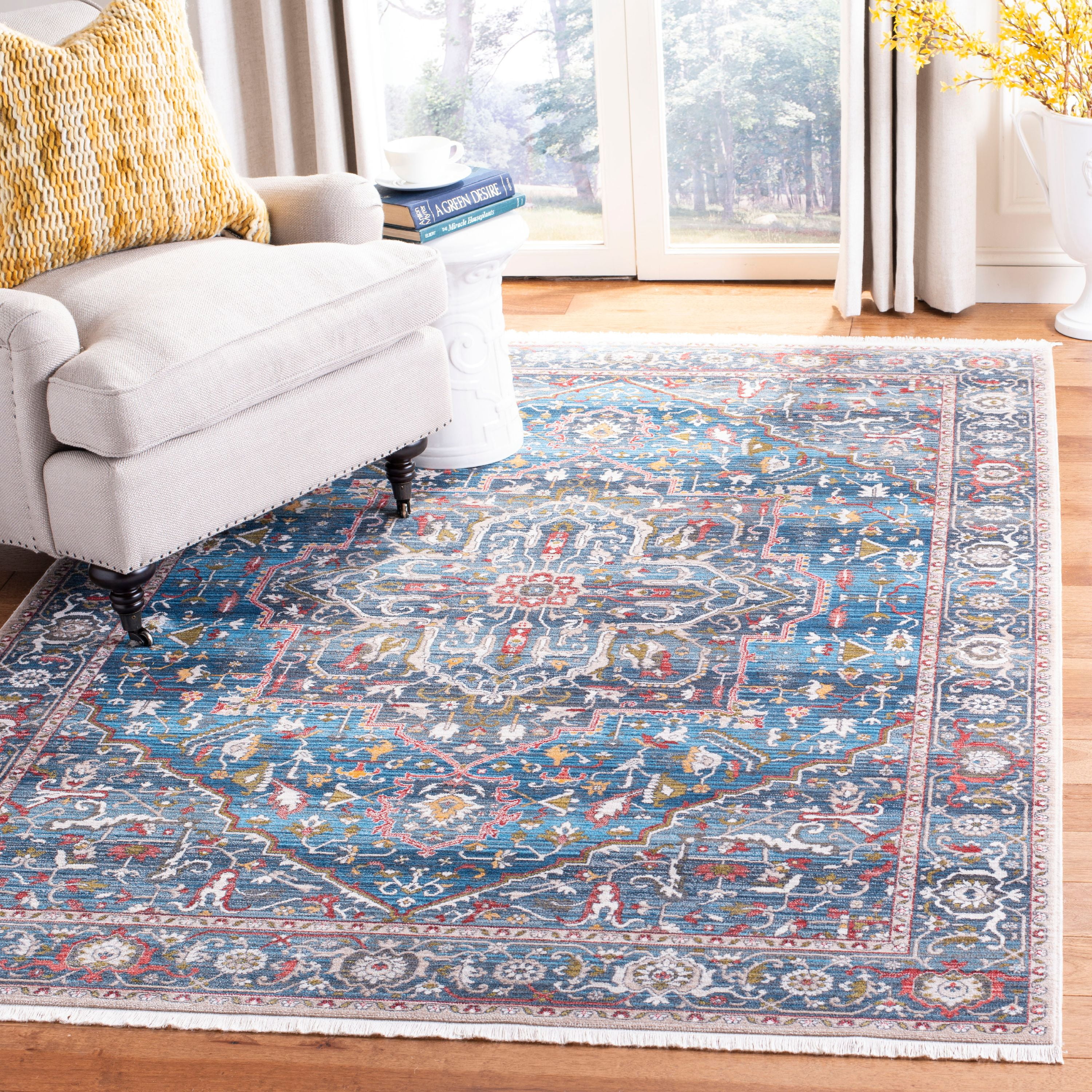 Hand-Knotted Blue and Ivory Synthetic Persian Area Rug, 6' x 9'