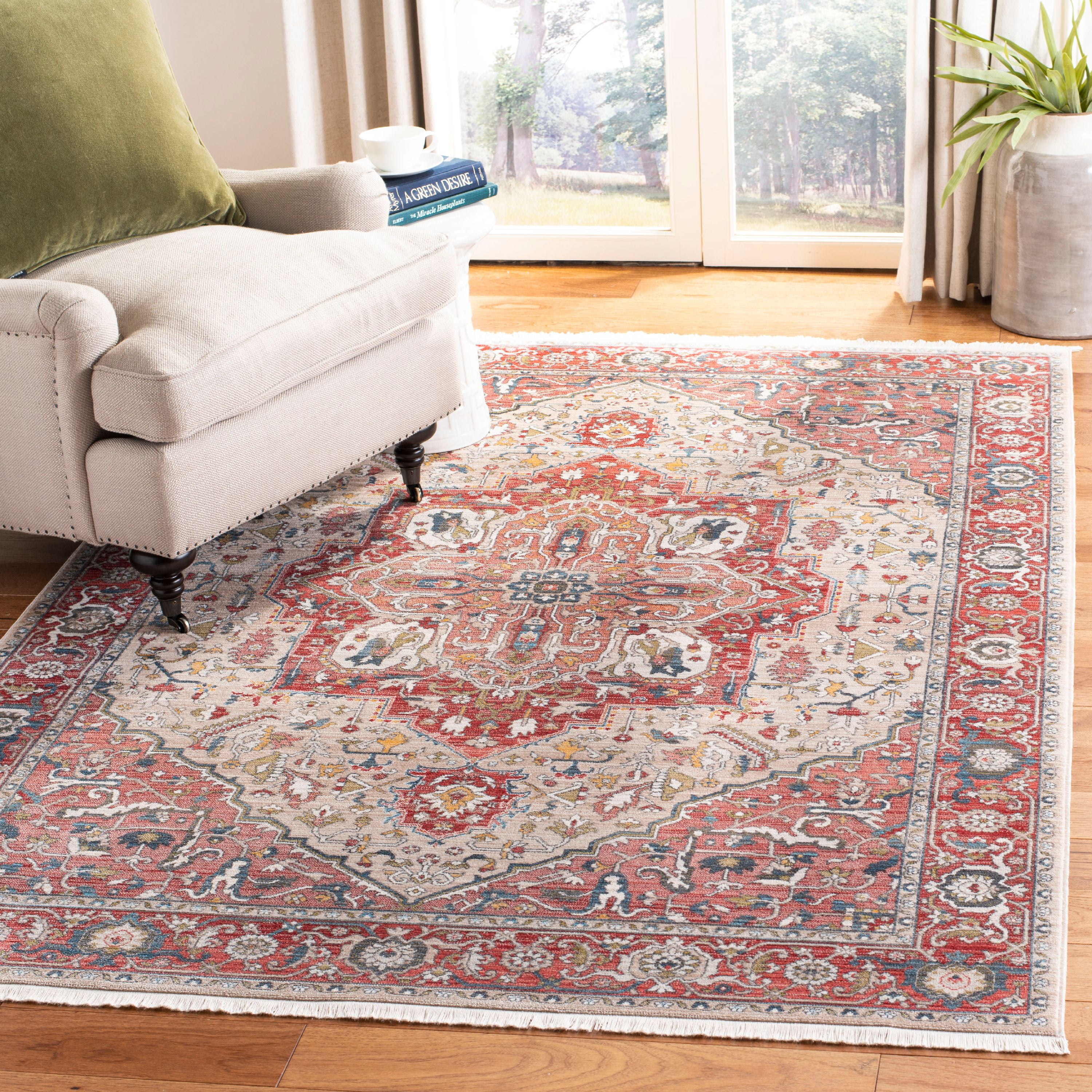 Red and Ivory Hand-Knotted Synthetic Persian Rug, 8' x 10'