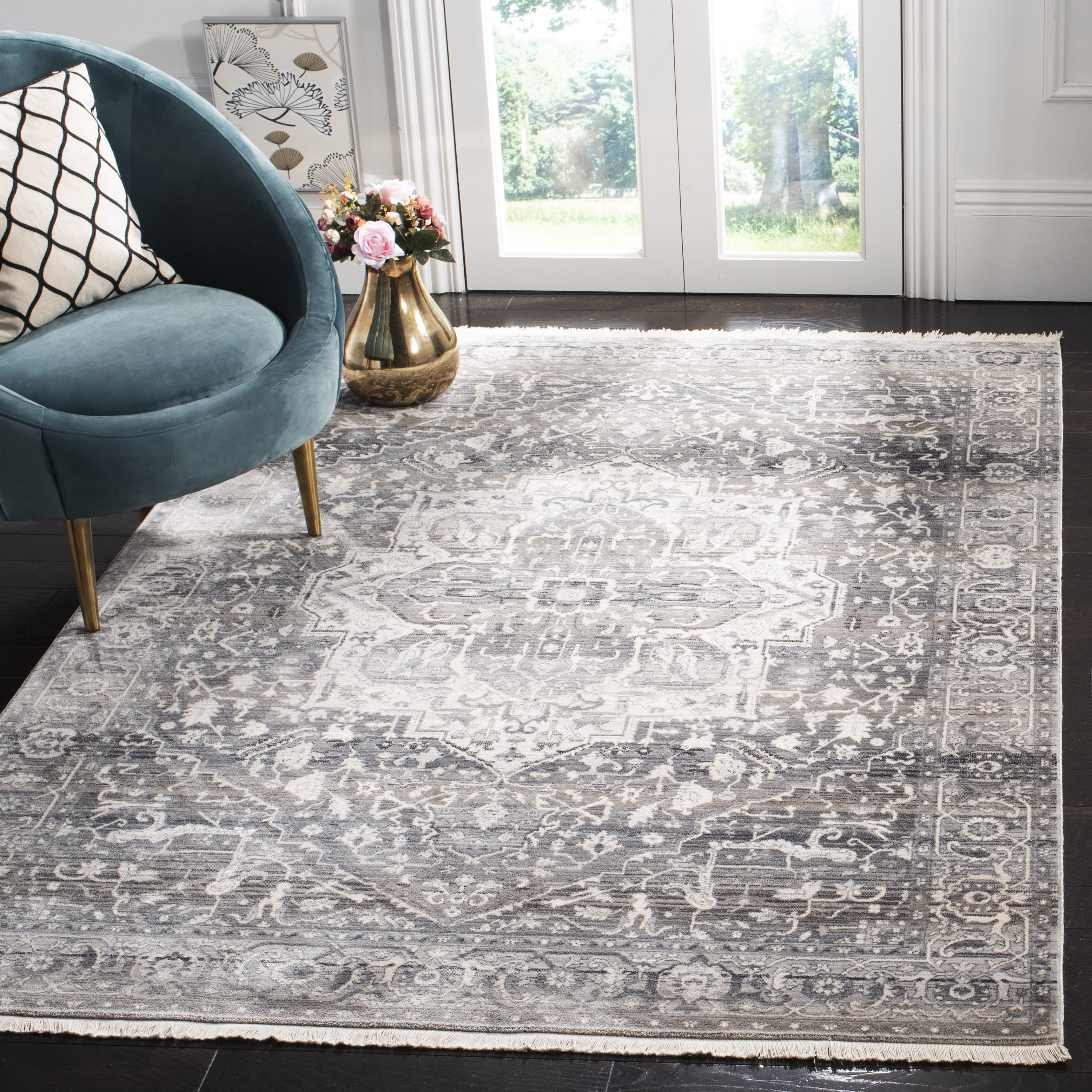 Hand-Knotted Grey and Charcoal Synthetic Persian Area Rug