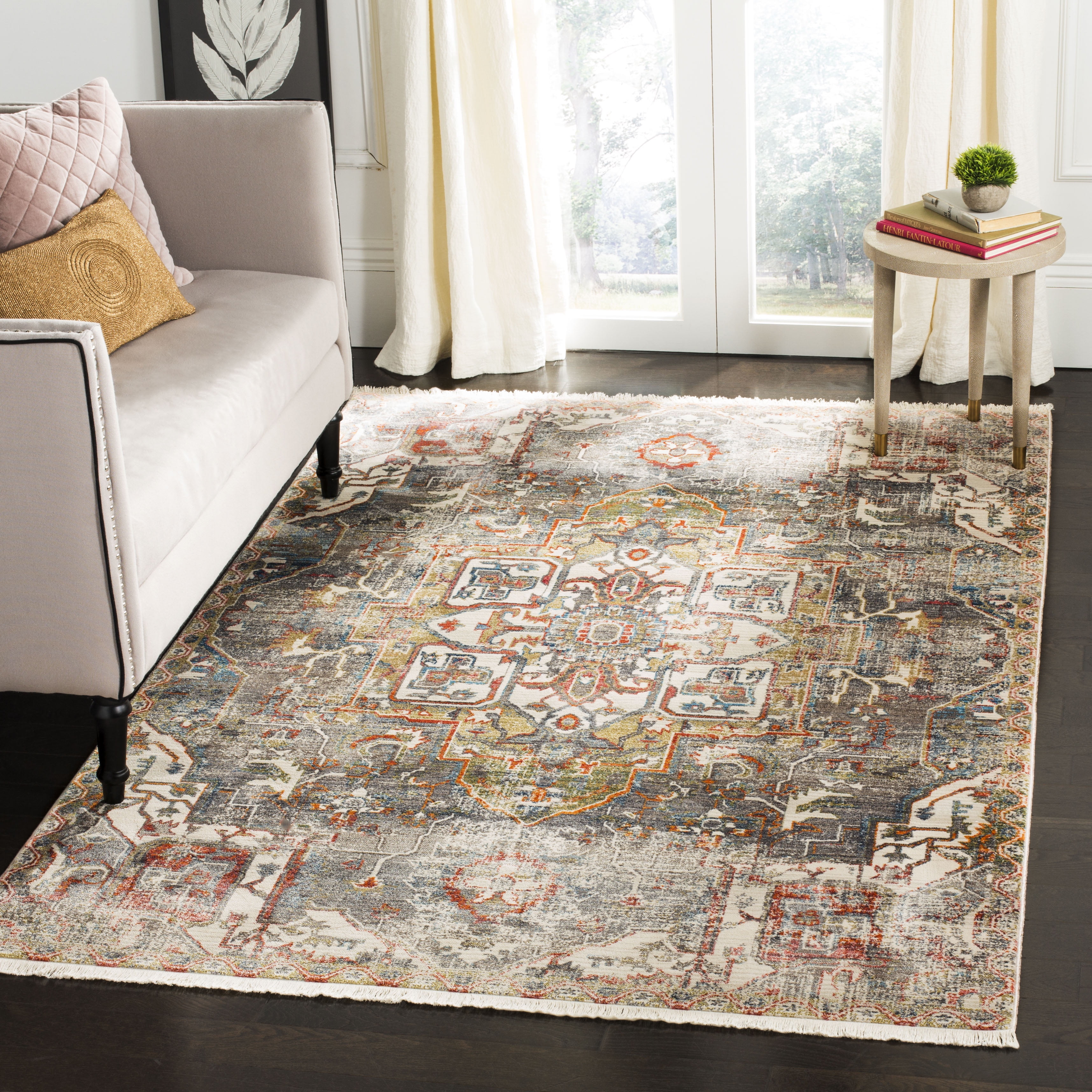 SAFAVIEH Vintage Persian Gerard Geometric Polyester Area Rug, Charcoal/Olive, 8' x 10'