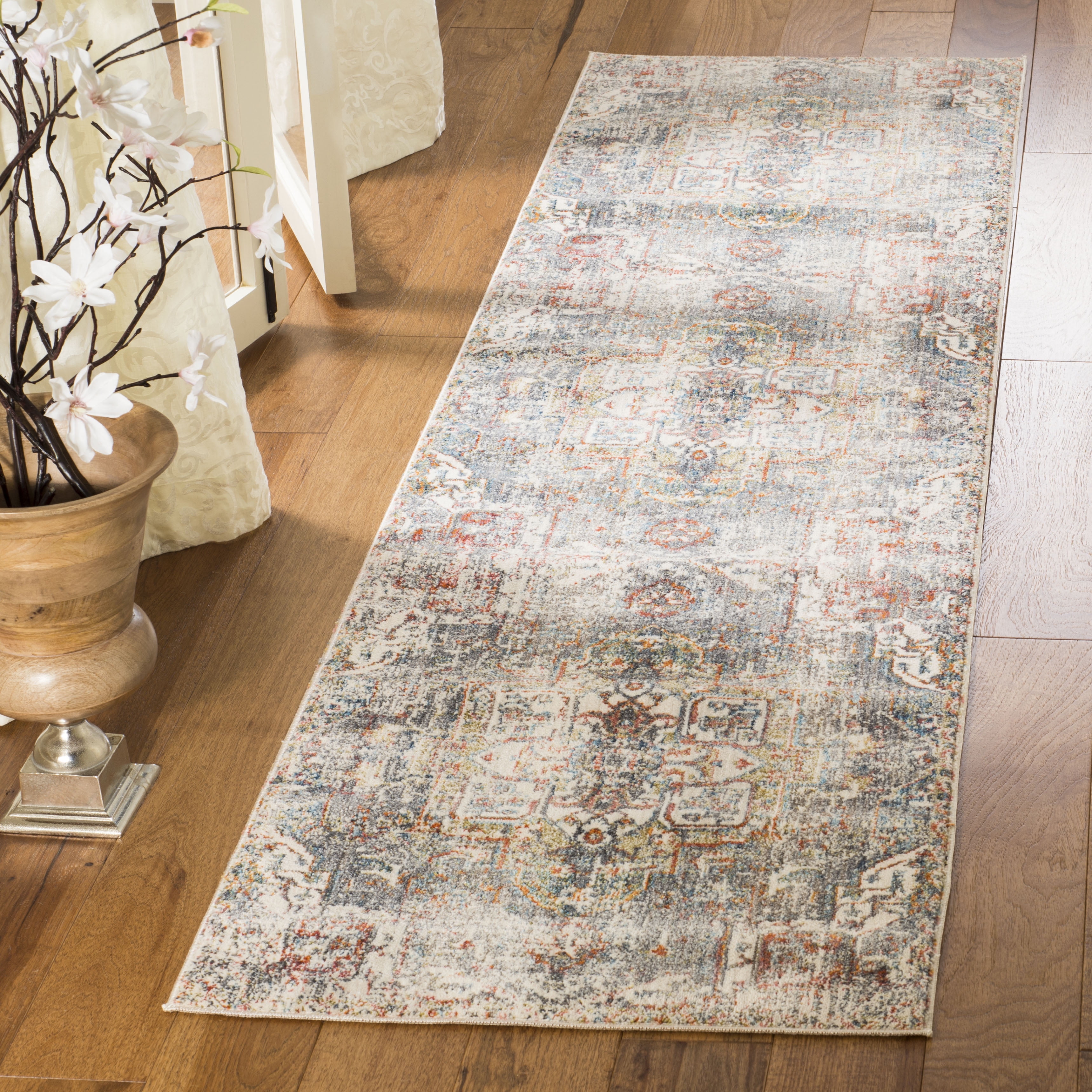 Gray Floral Motif Synthetic Runner Rug, 2'2" x 8'