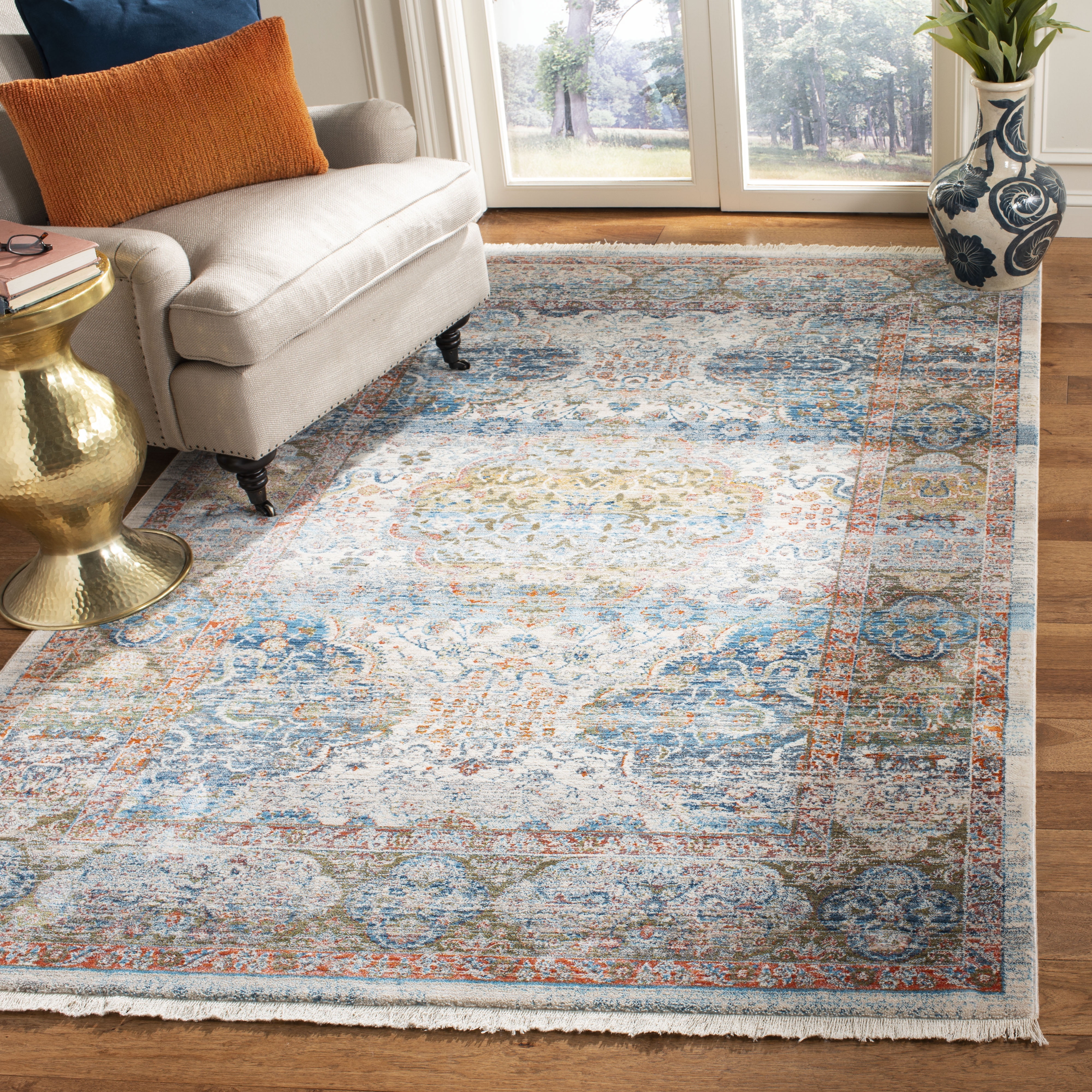 Vintage Persian Blue and Beige Rectangular Area Rug