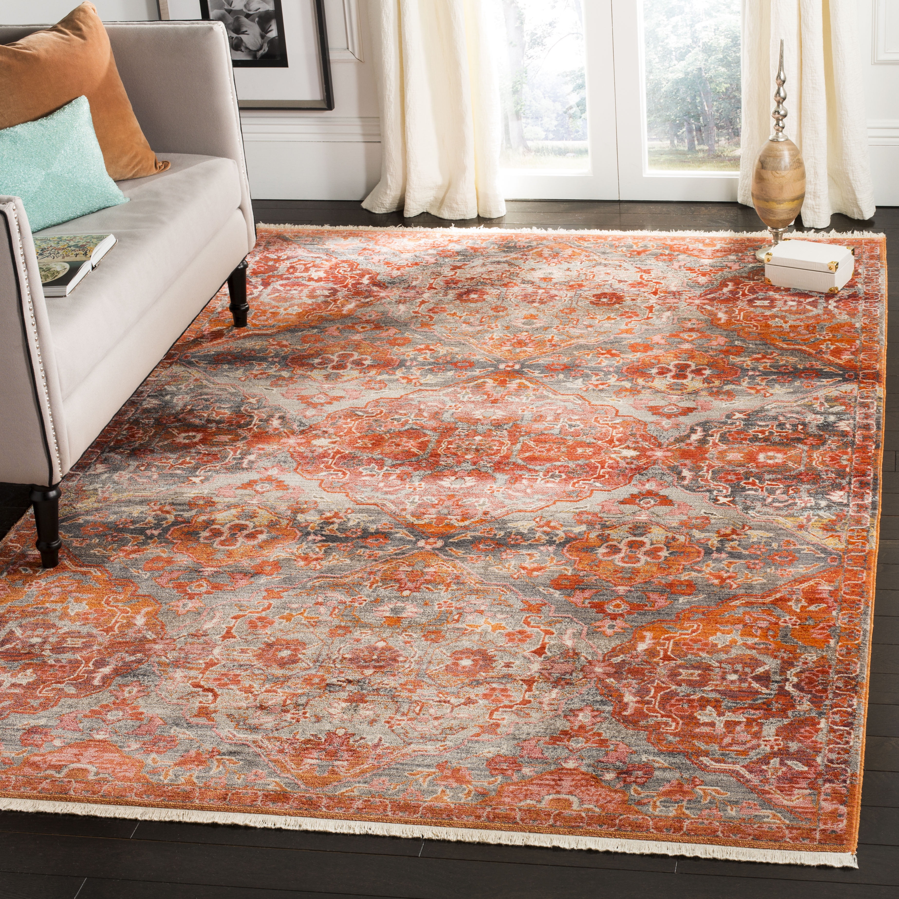 Vintage Persian Aqua and Orange 8' x 10' Synthetic Area Rug