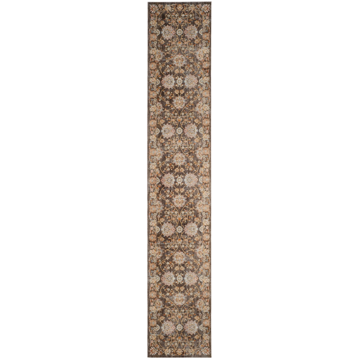 Brown Floral Motif Synthetic Runner Rug with Trim Embellishment