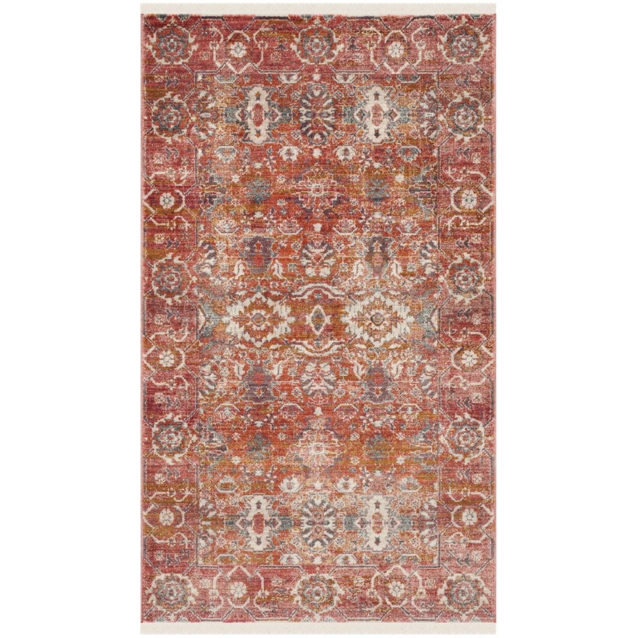 Vintage Red and Orange Synthetic 4' x 6' Area Rug