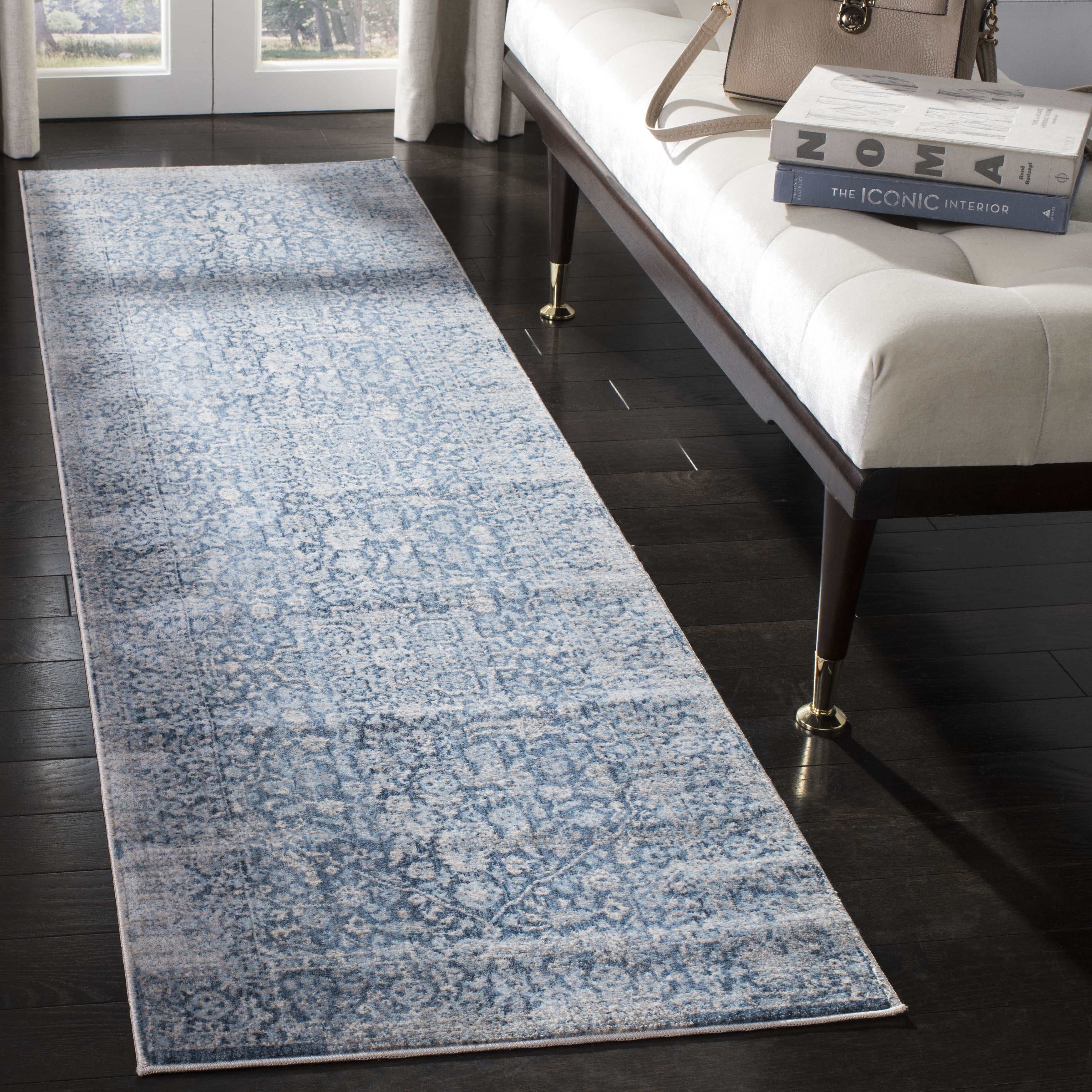 Blue and Ivory Floral Motif Synthetic Runner Rug