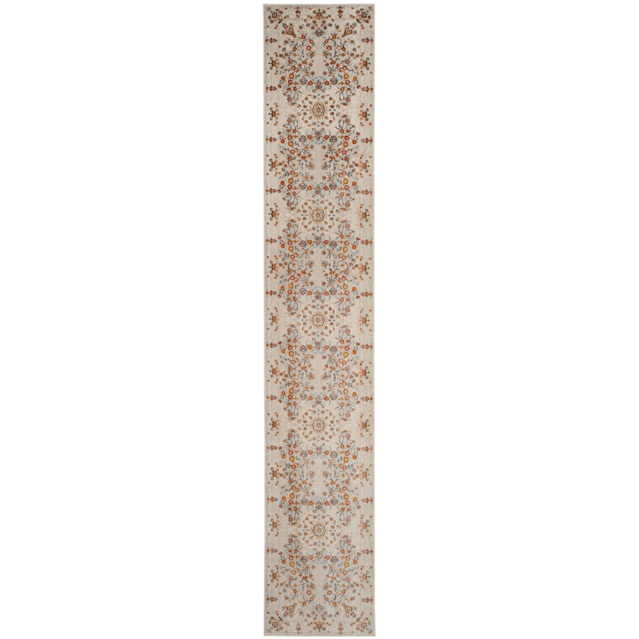 Gray and Beige Floral Motif Synthetic Runner Rug