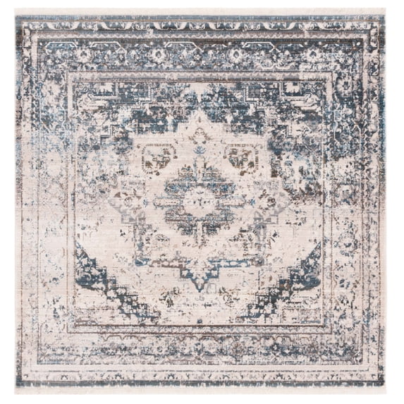 SAFAVIEH Vintage Persian Tarek Medallion Polyester Area Rug, Ivory/Blue, 5' x 5' Square