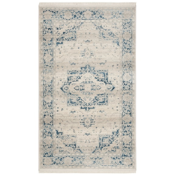 SAFAVIEH Vintage Persian Terrence Geometric Polyester Area Rug, Ivory/Blue, 3' x 5'