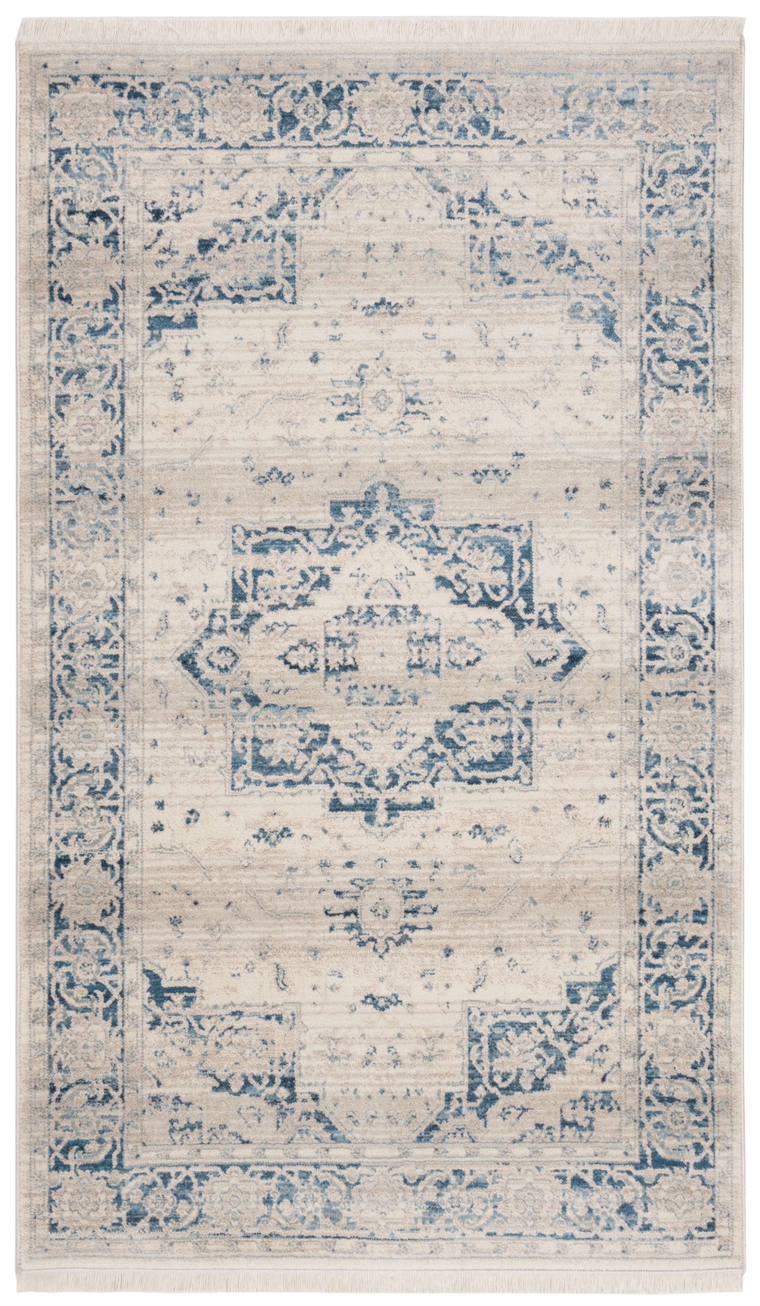Ivory and Blue Hand-Knotted Synthetic 4' x 6' Area Rug