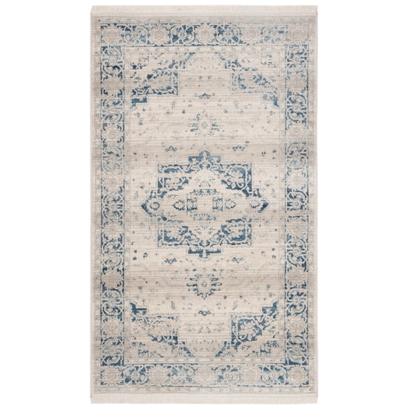 SAFAVIEH Vintage Persian Terrence Geometric Polyester Area Rug, Ivory/Blue, 4' x 6'