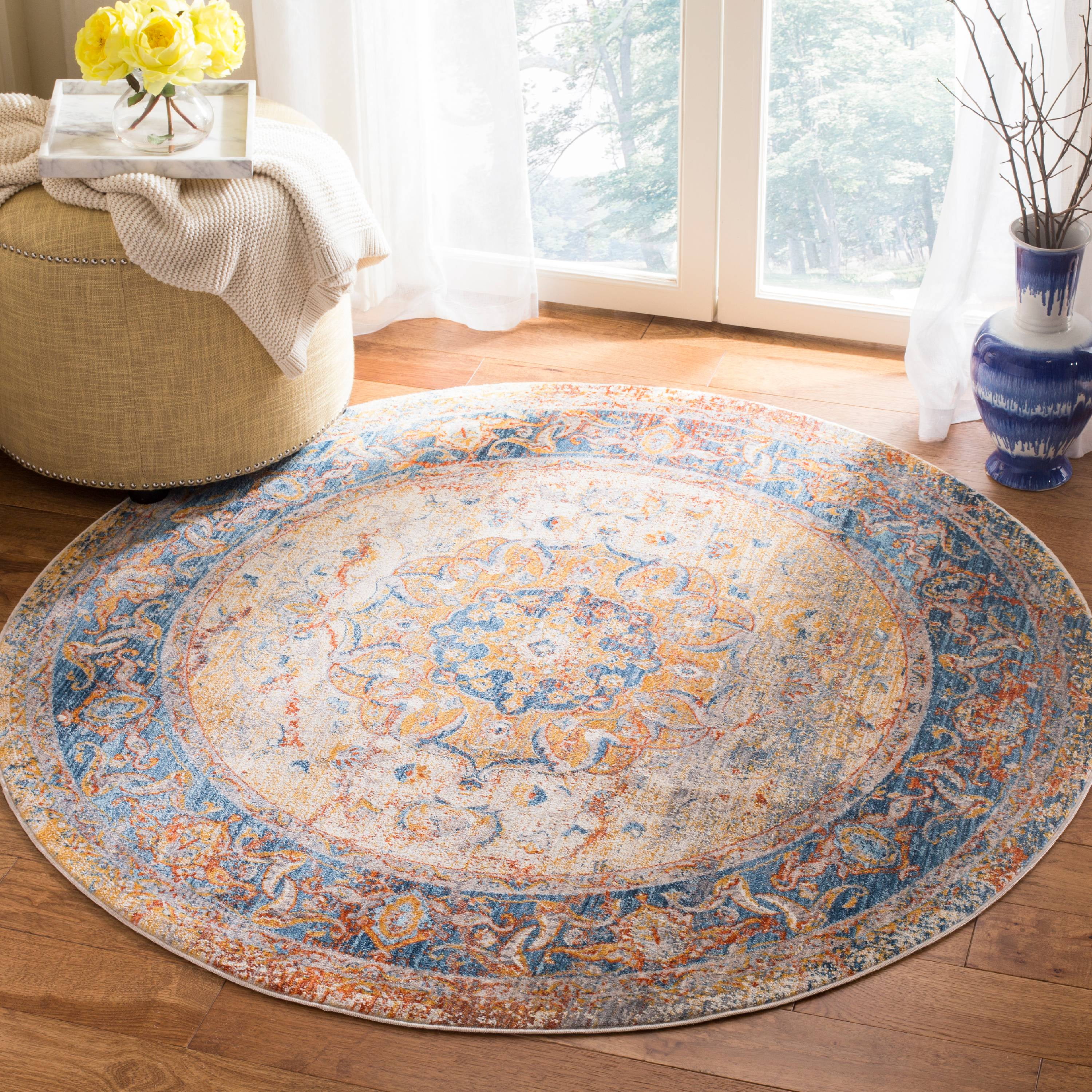 Vintage Blue Round Synthetic Easy Care Area Rug