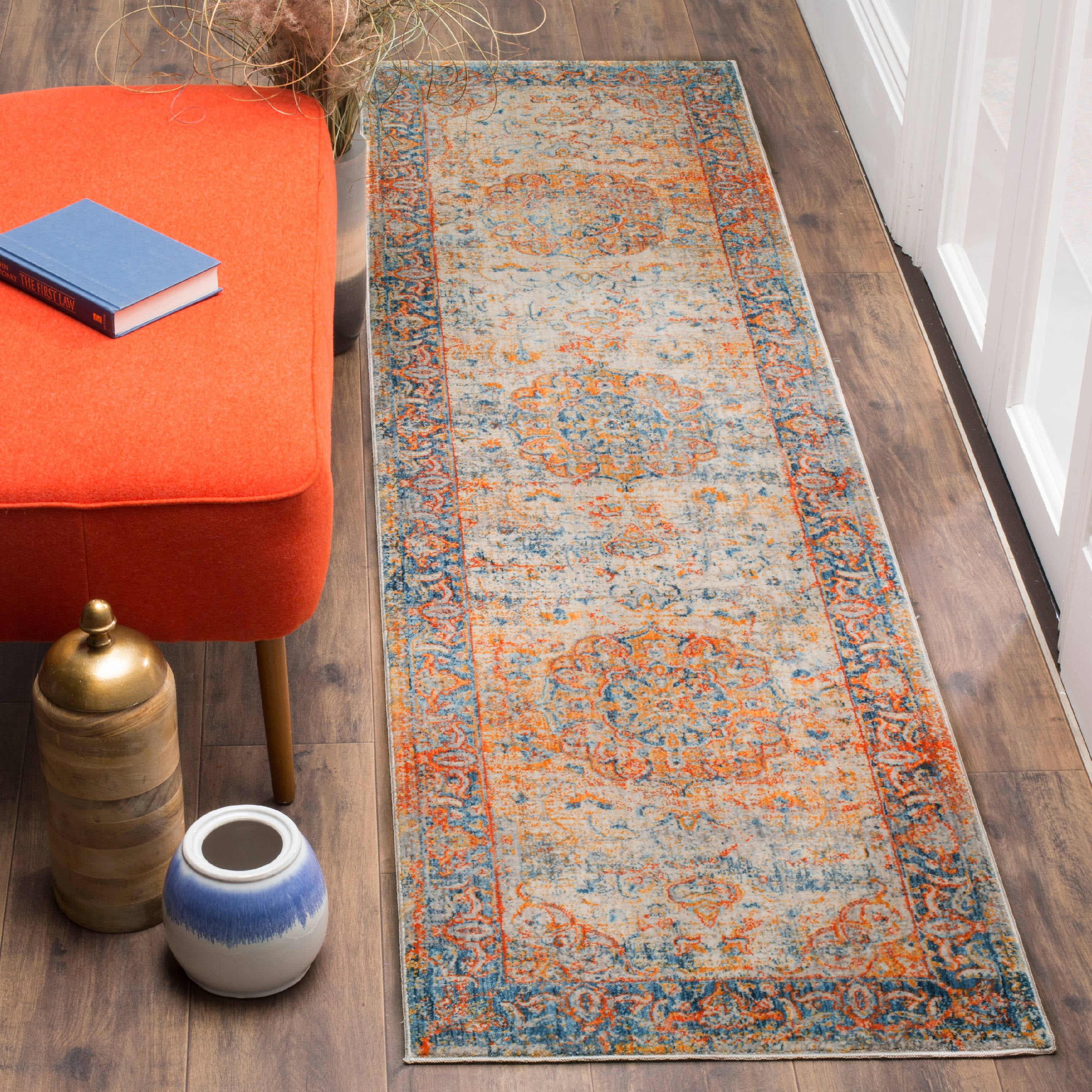 Vintage Blue and Multicolor Synthetic Runner Rug, 2'2" x 8'