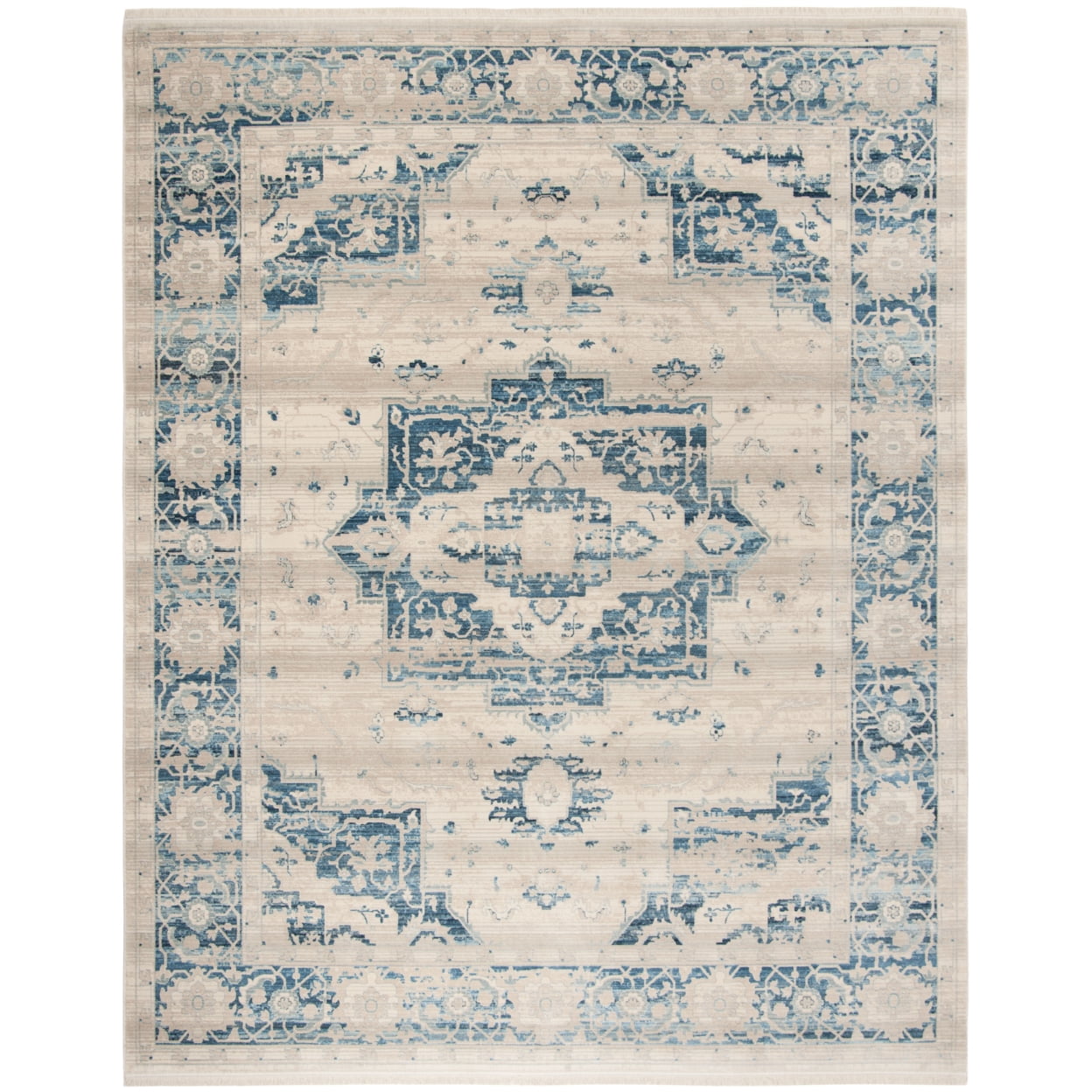 Ivory and Blue Flat Woven Synthetic Persian Rug