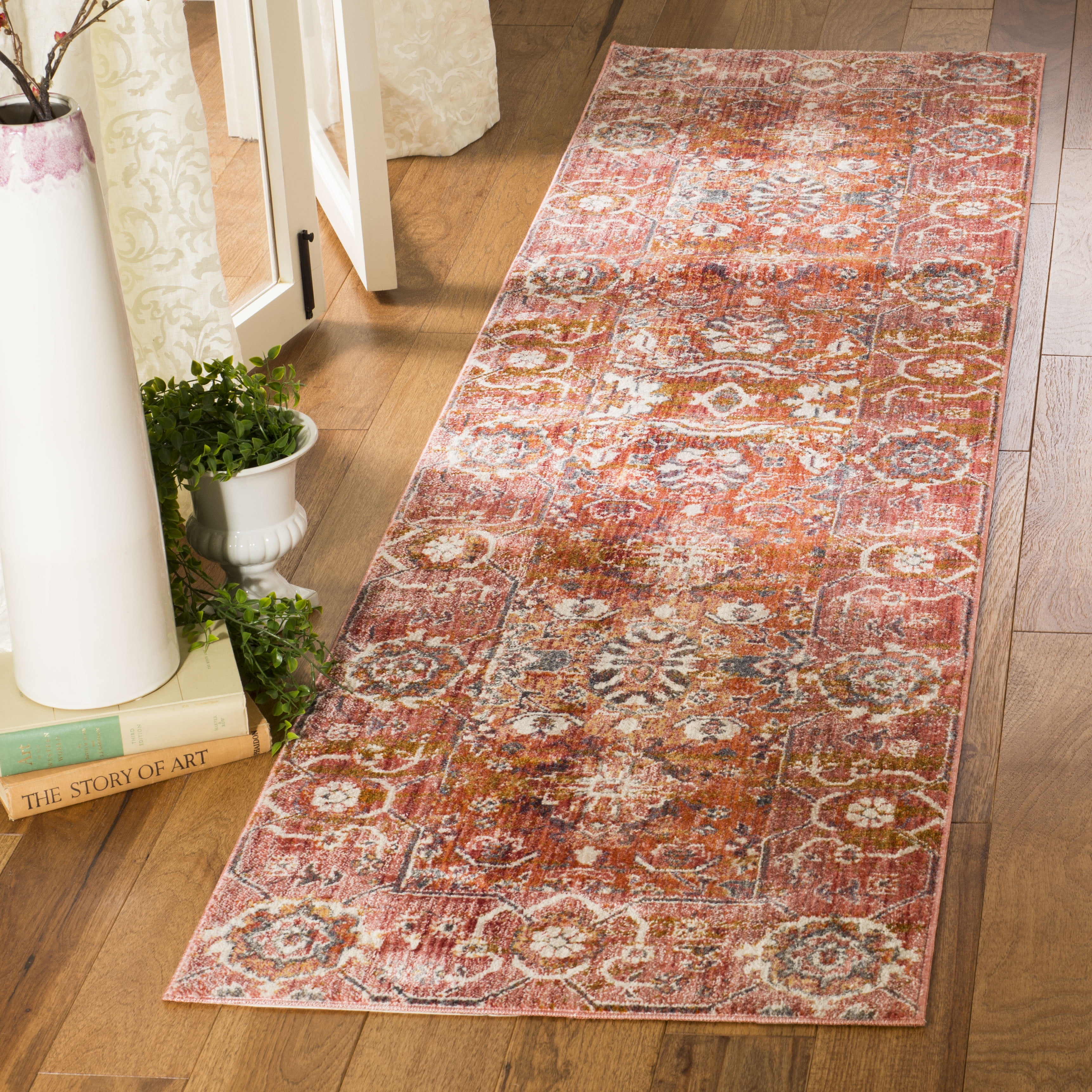Red and Orange Floral Motif Bohemian Runner Rug