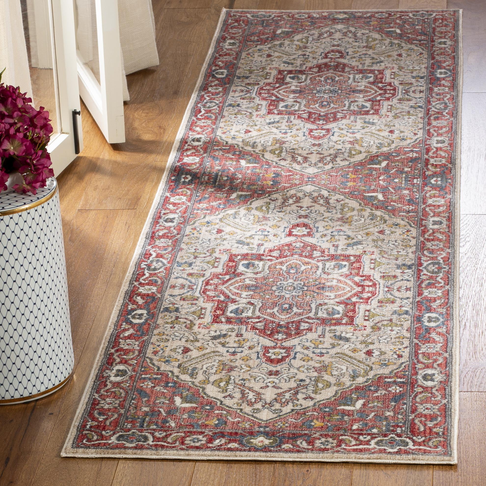 Vintage Red and Ivory Floral Runner Rug