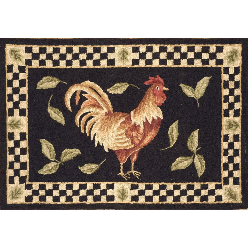 Handmade Black and Ivory Wool Rooster Accent Rug