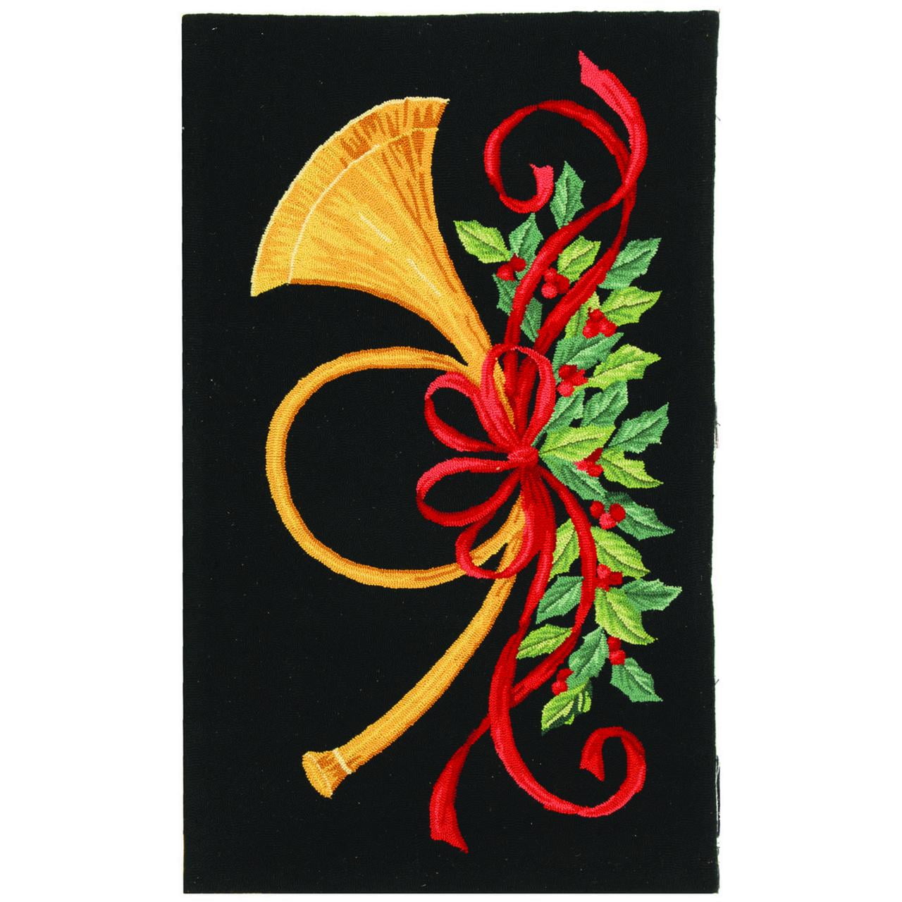 Vintage Black Wool Hand-Hooked Rectangular Area Rug