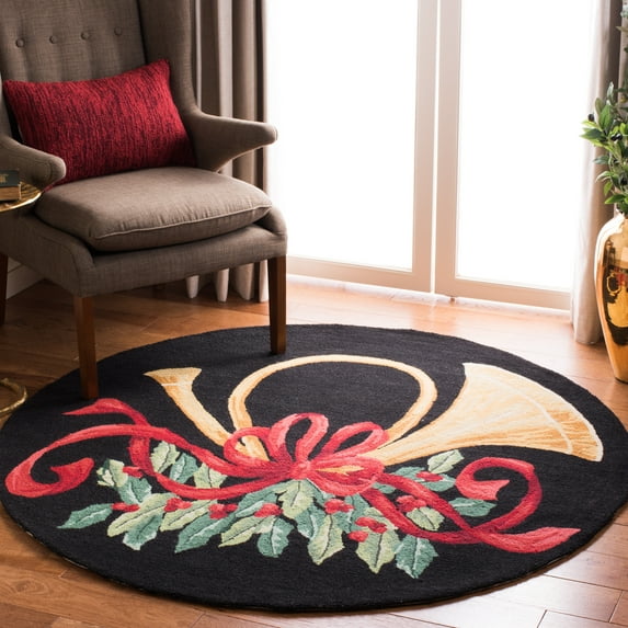 SAFAVIEH Vintage Posters Bosworth Novelty Wool Area Rug, Black/Multi, 6' x 6' Round