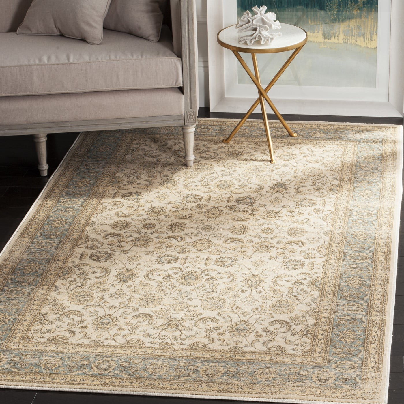 Ivory and Light Blue Viscose Traditional Area Rug, 4' x 5'7"