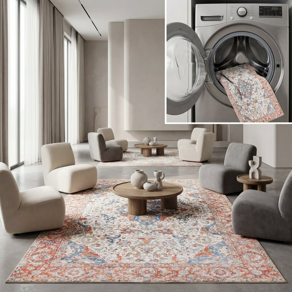 SAFAVIEH Vintage Serapi Cassius Medallion Machine Washable Area Rug, Red Orange/Blue, 6' x 9'