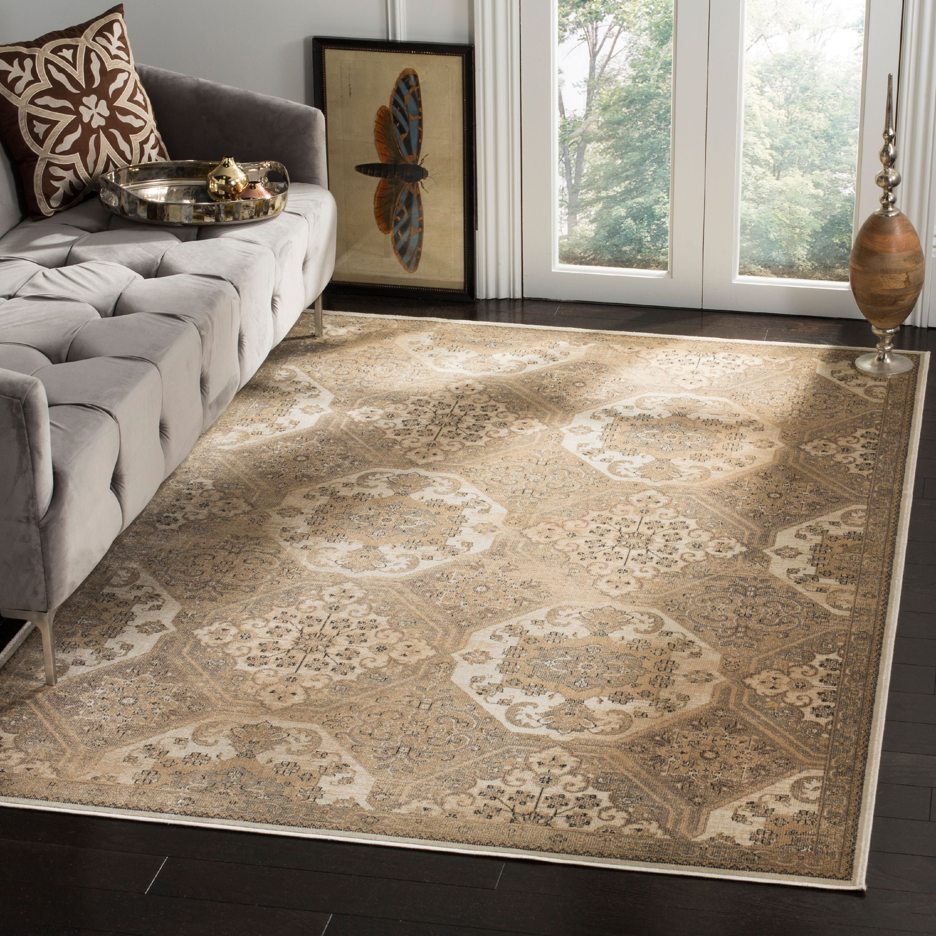 Beige and Cream Rectangular Viscose Area Rug 6'7" x 9'2"