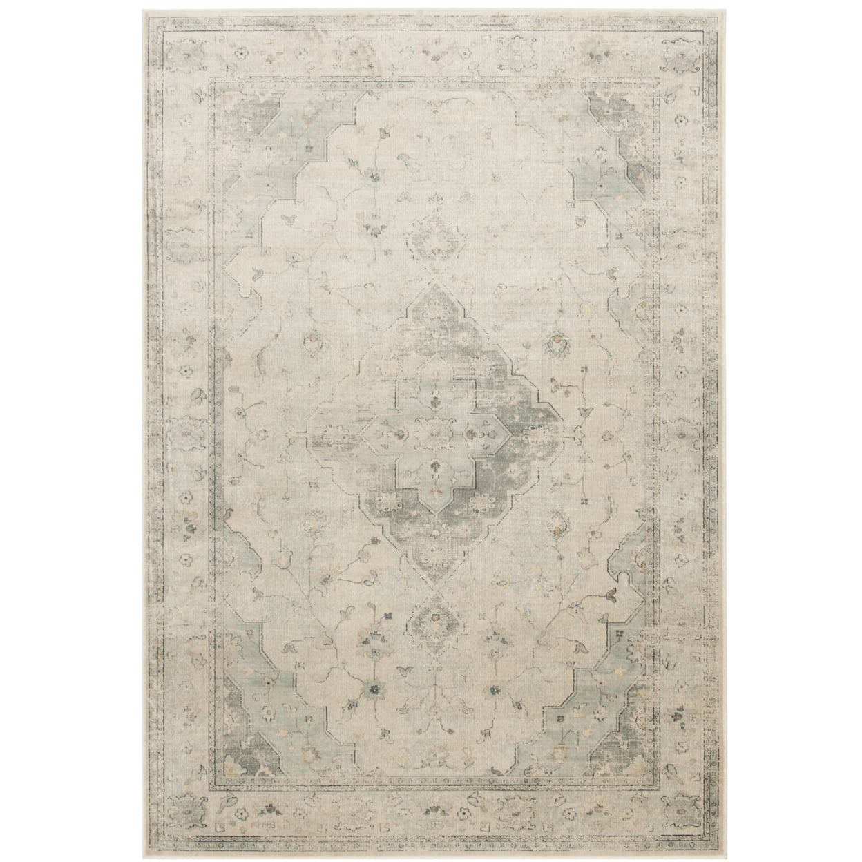 Light Blue and Cream Vintage Viscose Area Rug, 2'7" x 4'
