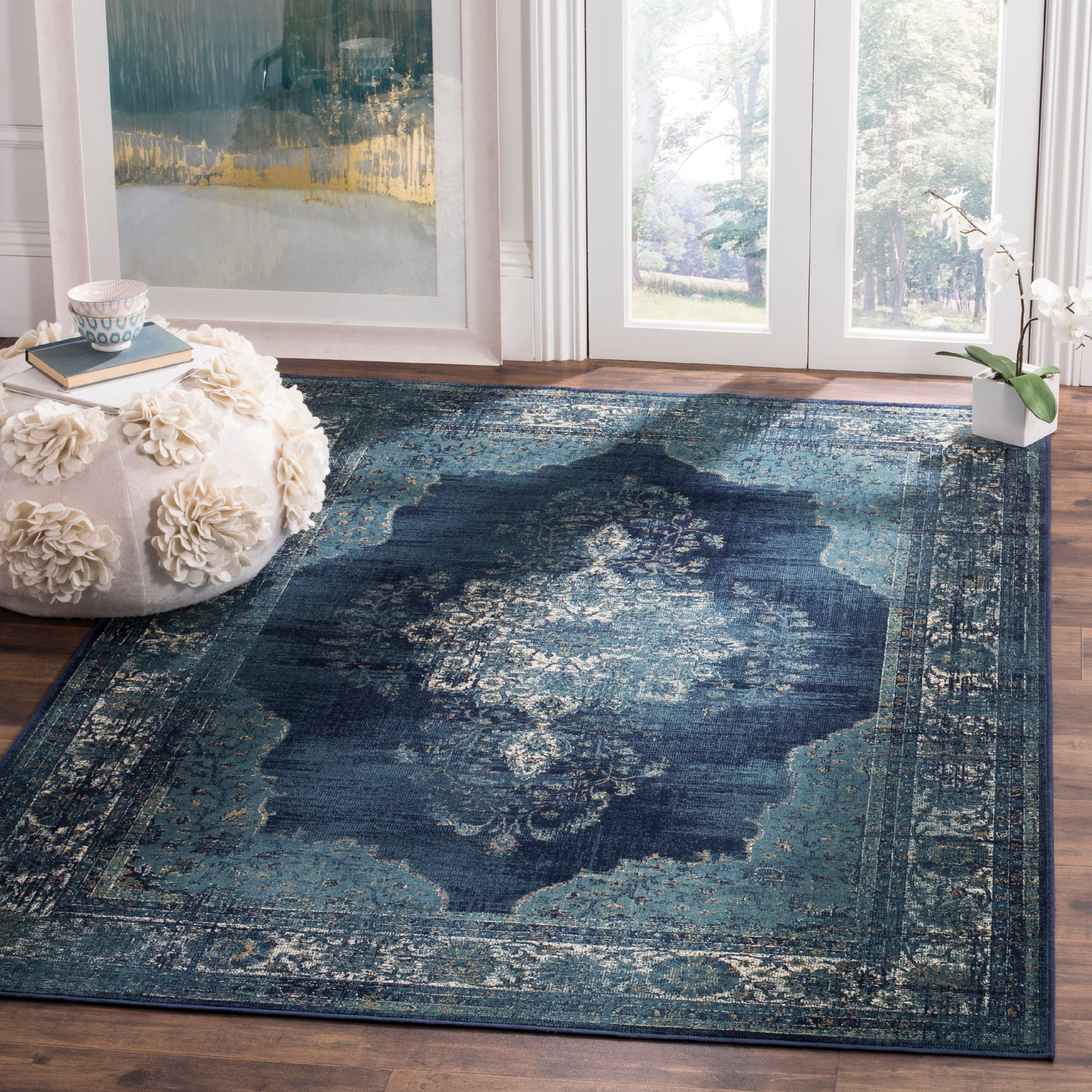 Navy Medallion Rectangular Viscose Area Rug 6'7" x 9'2"