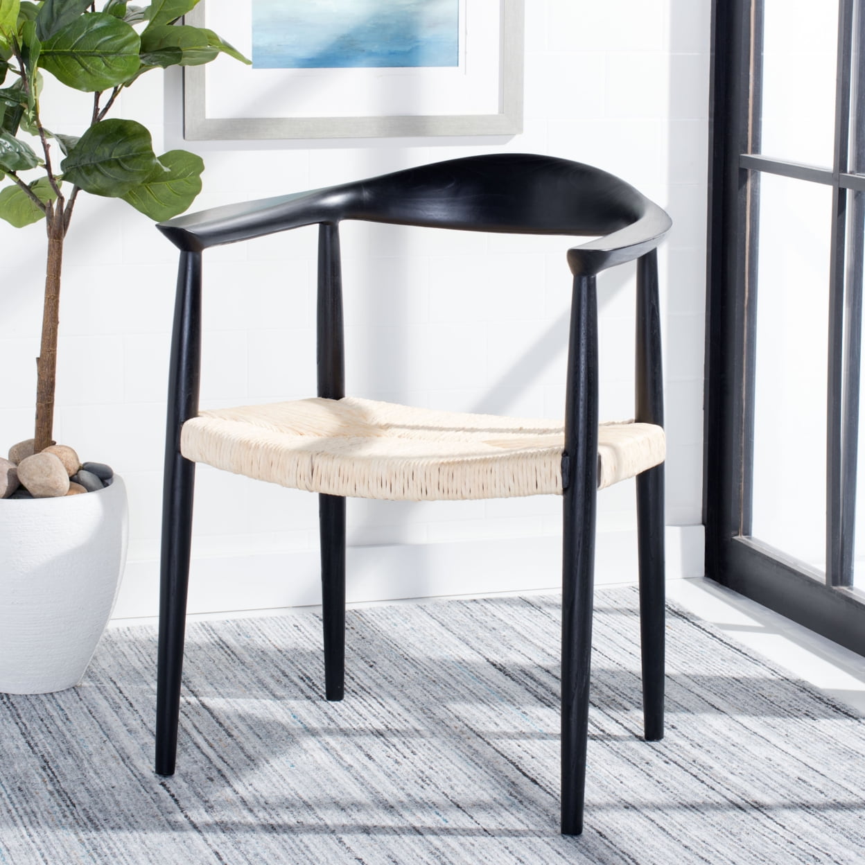 Elegant Mid-Century Black Wood & Natural Rattan Accent Chair