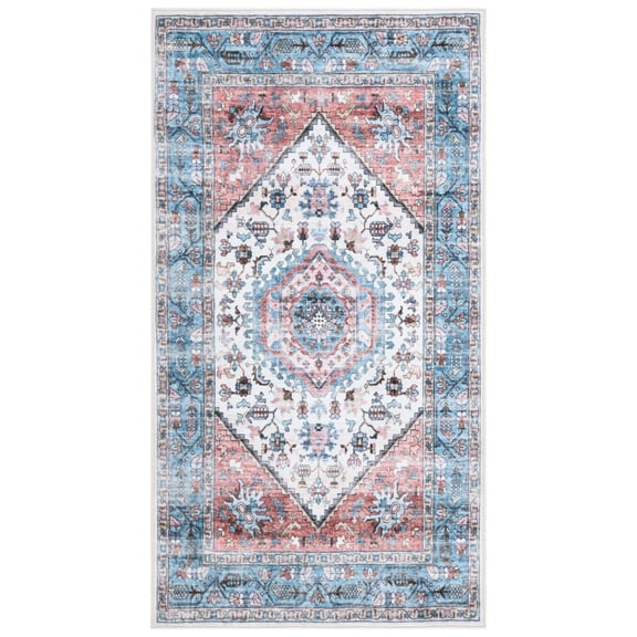 SAFAVIEH Washable Printed Rug Lanford Medallion Polyester Machine Washable Area Rug, Turquoise/Red, 4' x 6'