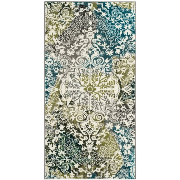 SAFAVIEH Watercolor Daven Abstract Colorful Area Rug, Ivory/Peacock Blue, 2'7" x 5'