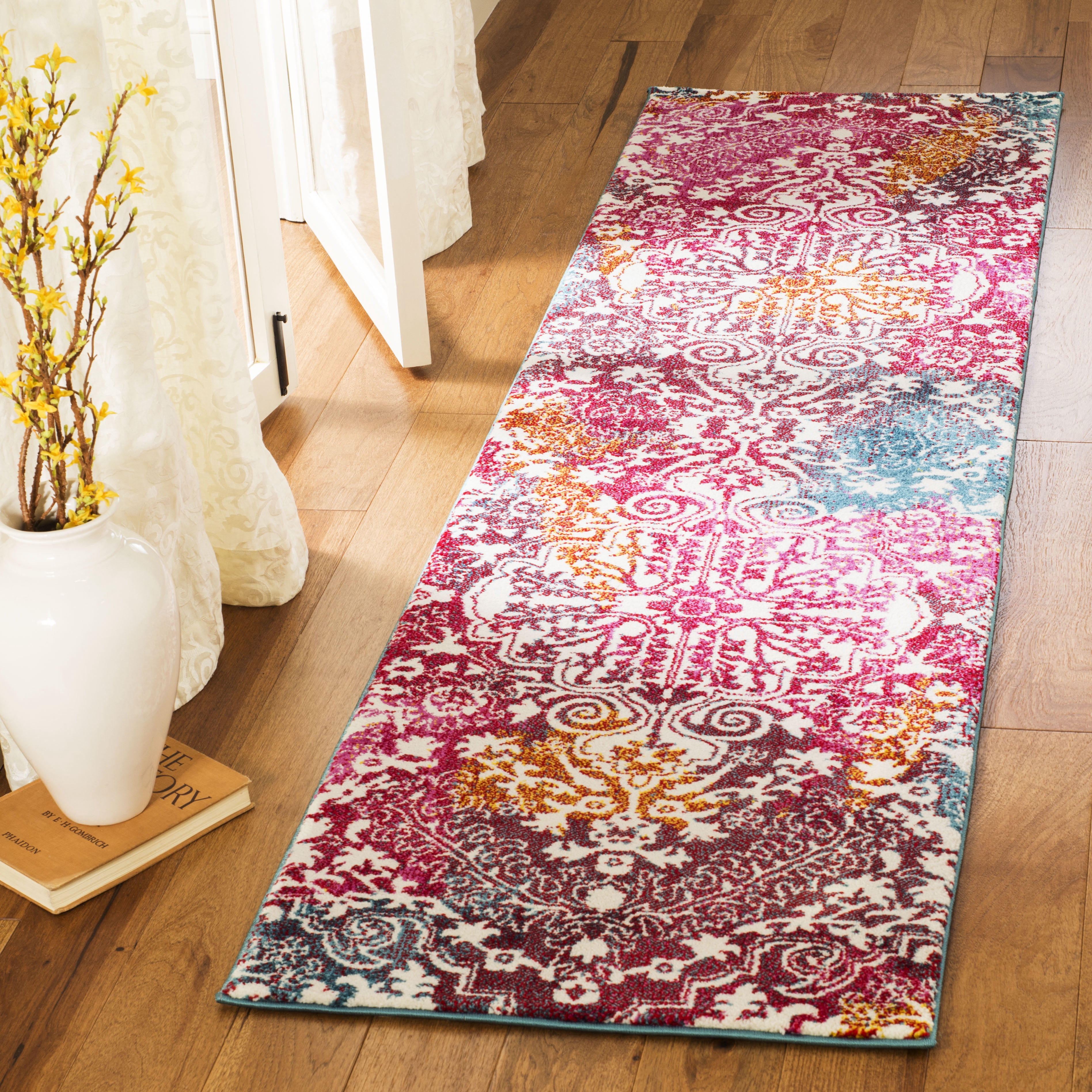 SAFAVIEH Watercolor Daven Abstract Colorful Runner Rug, Ivory/Fuchsia, 2'3" x 8'