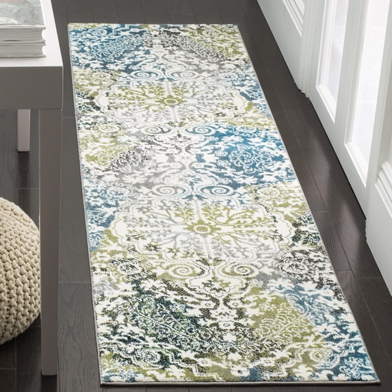 SAFAVIEH Watercolor Daven Abstract Colorful Runner Rug, Ivory/Peacock Blue, 2'3" x 8'