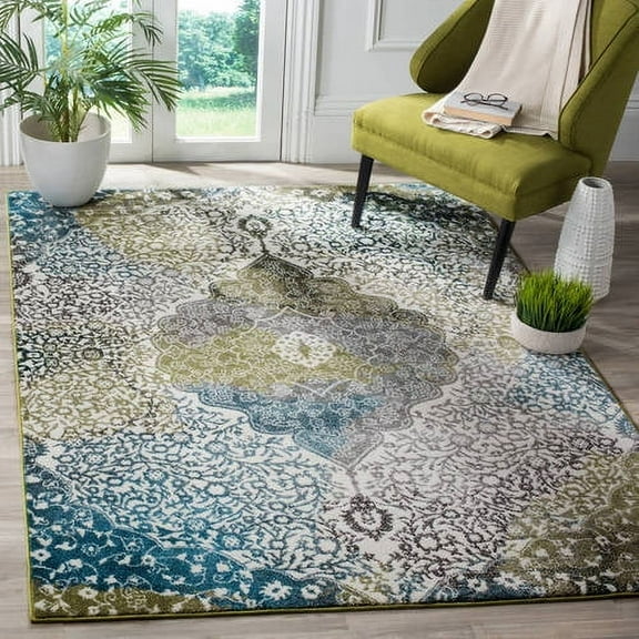 SAFAVIEH Watercolor Edna Abstract Colorful Area Rug, Ivory/Peacock Blue, 6'7" x 9'