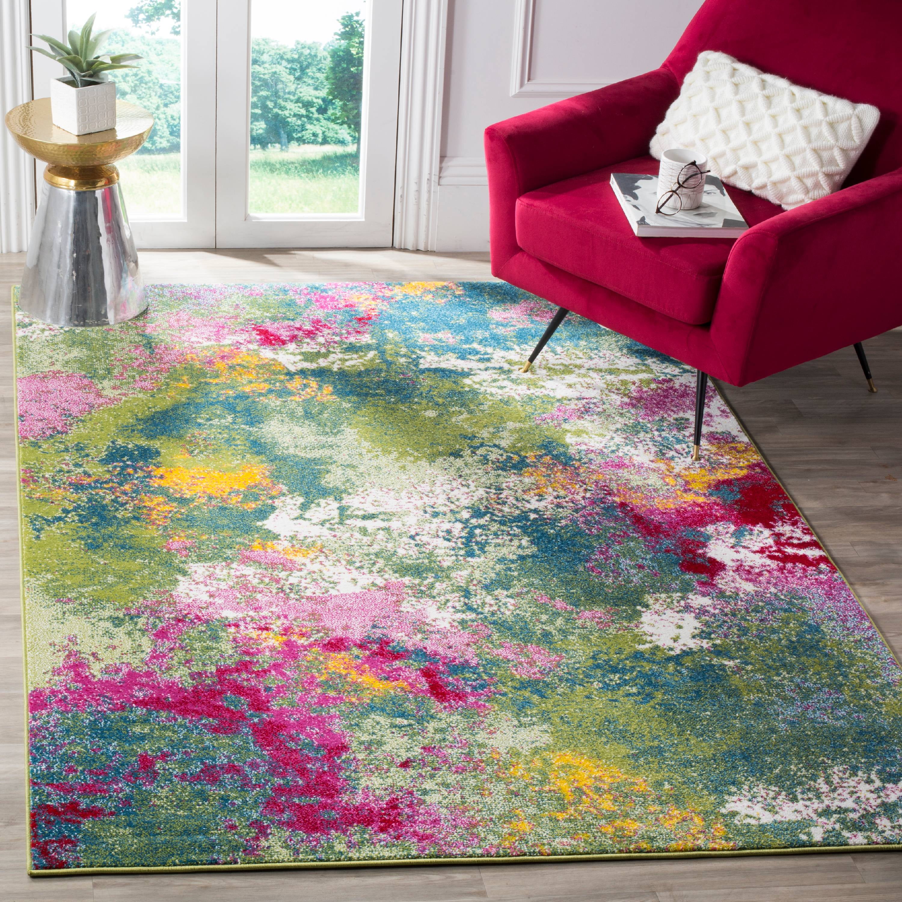 SAFAVIEH Watercolor Janie Abstract Colorful Area Rug, Green/Fuchsia, 2'7" x 5'