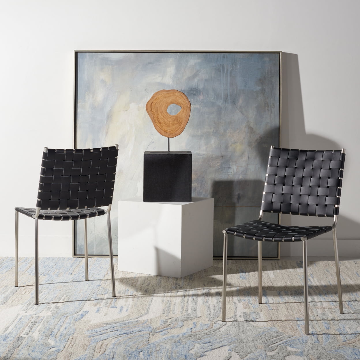 Wesson Black and Silver Woven Leather Dining Chair Set