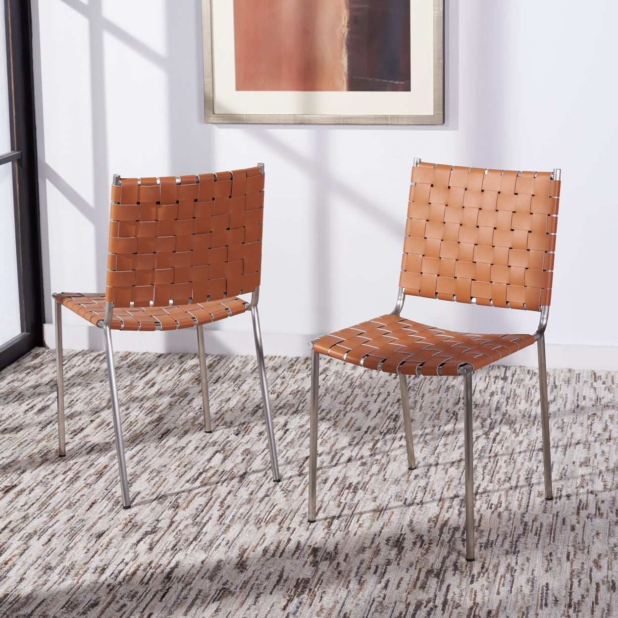 Cognac Leather & Silver Metal Upholstered Side Chair - Set of 2