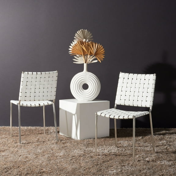 SAFAVIEH Wesson Woven Dining Chair, White/Silver, Set of 2 (17 in. W x 20.5 in. D x 33.8 in. H)