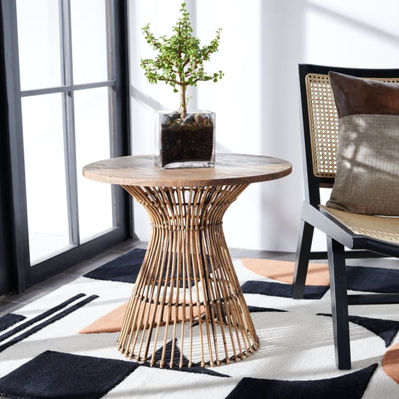 SAFAVIEH Whent Rattan Round Accent Table, Honey Brown Wash/Black