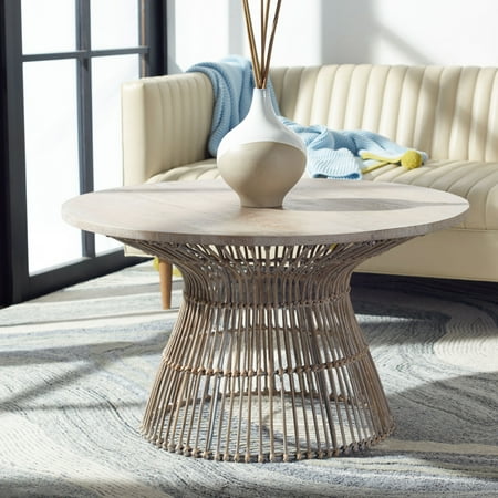 SAFAVIEH Whent Rustic Round Coffee Table, Grey White Wash/Black