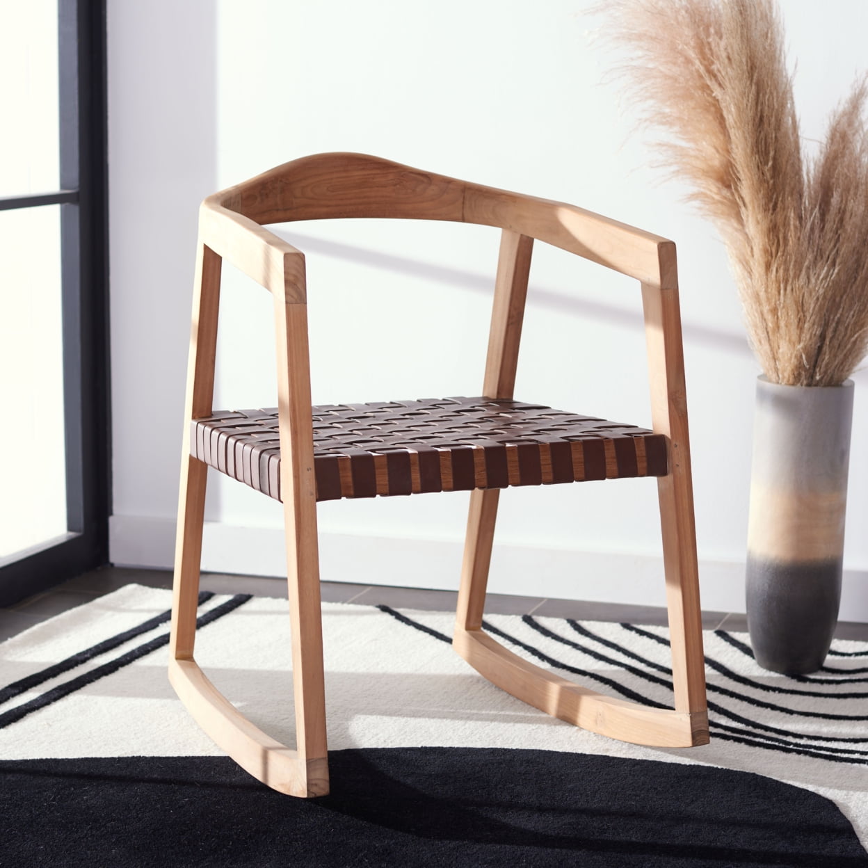 Willa Cognac Genuine Leather and Natural Teak Rocking Dining Chair