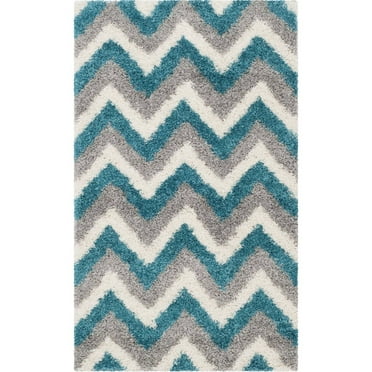 SAFAVIEH Willis Zigzag Stripes Kids Shag Area Rug, Ivory/Blue, 3' x 5'