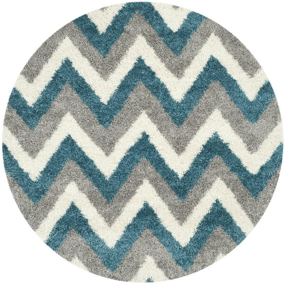 SAFAVIEH Willis Zigzag Stripes Kids Shag Area Rug, Ivory/Blue, 4' x 4' Round